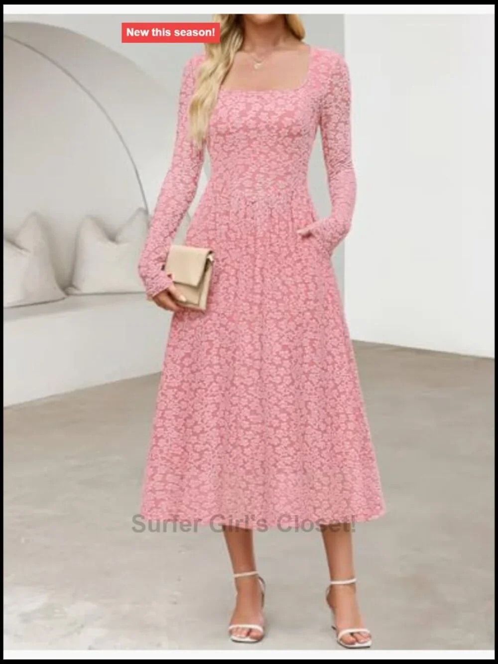 Women's Floral Midi Dress Long Sleeve Square Neck A-Line Ruched with Pockets